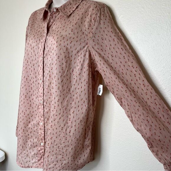 Old Navy Ditsy Floral Tan Red Button Up Long Sleeve Cotton Shirt Women Large NWT - Picture 4 of 14